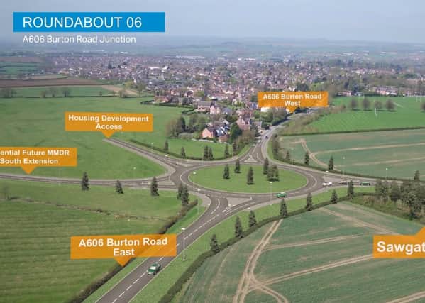A computer-generated drone flight over the approved Melton Mowbray Distributor Road (MMDR) showing where the road would link with a new junction with the A606 Burton Road and a planned south link EMN-201217-130853001
