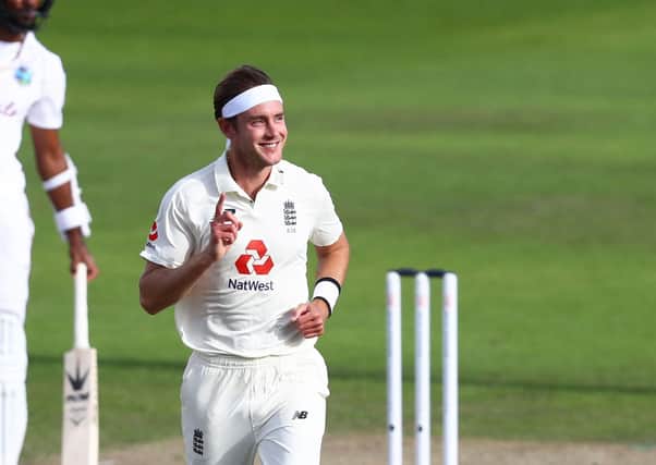 MANCHESTER, ENGLAND - JULY 26: Stuart Broad of England celebrates after taking the wicket of Kemar Roach of West Indies during Day Three of the Ruth Strauss Foundation Test, the Third Test in the #RaiseTheBat Series match between England and the West Indies at Emirates Old Trafford on July 26, 2020 in Manchester, England. (Photo by Michael Steele/Getty Images) 775534511