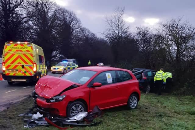 The scene following a two-car collision this morning near the cross-roads on the A606 between Nether Broughton and Ab Kettleby
PHOTO LEICESTERSHIRE FIRE AND RESECUE SERVICE EMN-211201-163253001
