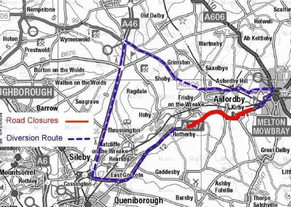 The red line shows the stretch of the A607, leading from Melton through Kirby Bellars, which is due to be closed overnight for 10 days EMN-210119-094703001