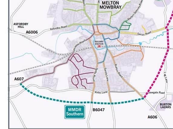 The six proposed cycle routes in the interim transport strategy for Melton Mowbray (see key below) EMN-210121-162106001