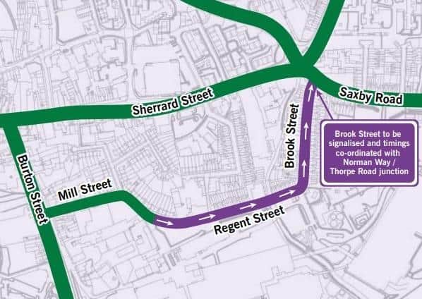 The proposed one-way scheme for Mill Street, Regent Street and Brook Street in the interim transport strategy for Melton Mowbray EMN-210121-162116001