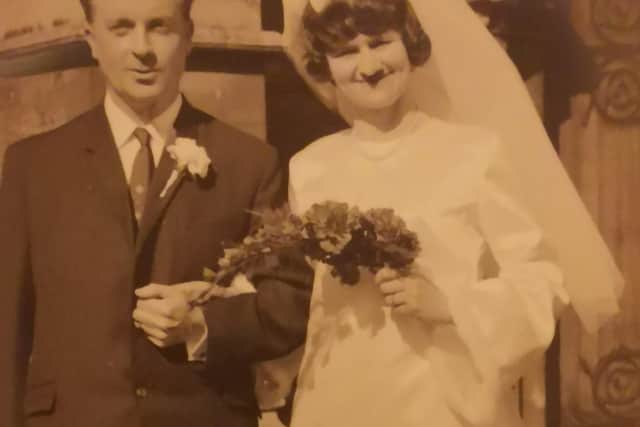 Geoff Skerritt with wife Joy on their wedding day at St Mary's Church, Melton, in 1969 EMN-210702-154549001