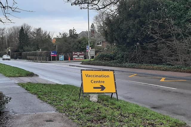 The sign on Burton Road indicating the turning for the Melton Vaccination Centre EMN-210217-140403001
