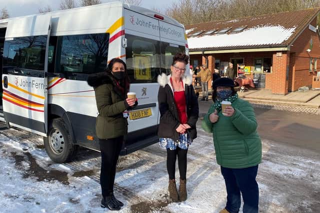 Staff pictured by the Mowbrary Education Trust stationery bus during a delivery of homeworking pens and notepads for students working from home during the pandemic EMN-210224-085344001