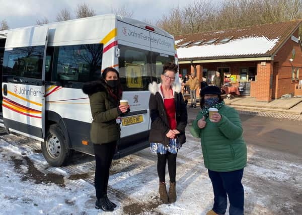 Staff pictured by the Mowbrary Education Trust stationery bus during a delivery of homeworking pens and notepads for students working from home during the pandemic EMN-210224-085344001