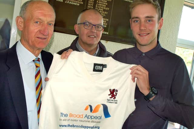 England star Stuart Broad pictured in 2014 with former Egerton Park chairman Geoff Goodson (left), and the late chairman David Glover (centre) at the launch of a new junior kit to support the Broad Appeal EMN-210223-111135001