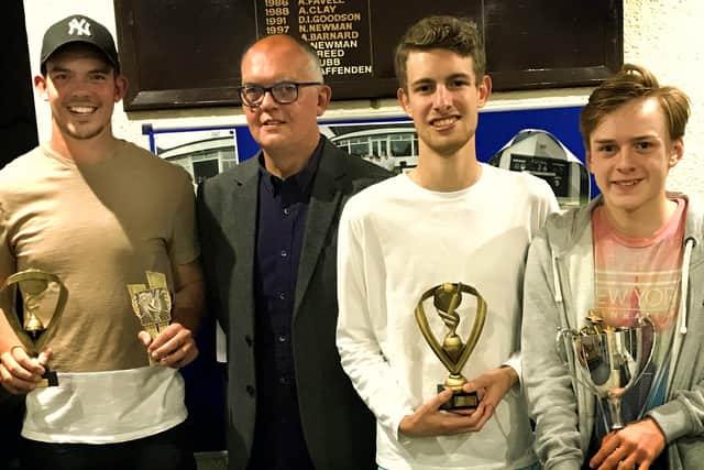 Egerton Park CC annual presentation night in September 2017: From left, double award winner Tom Glover with his father, chairman David Glover, Second XI Player of the Year Michael Dover-Jaques, and Young Player of the Year Alex Barber EMN-210223-111040001