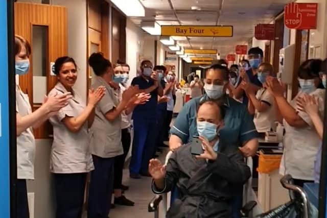 Hylton Murray-Philipson receives a guard of honour from staff at the Leicester Royal Infirmary back in April 2020 after recovering from being in intensive care with the Covid-19 virus EMN-210803-110709001