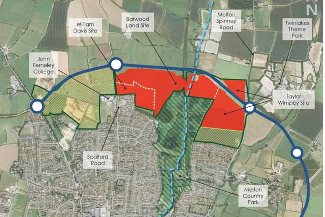 GREEN LINE - Melton North Sustainable Neighbourhood Allocation;
RED HATCHED AREA: Site boundary for developers;
YELLOW HATCHED AREAS: Sites with planning permission;
DARK BLUE LINE: MMDR route;
LIGHT BLUE DOTTED LINE: Jubilee Way footpath EMN-210903-133922001