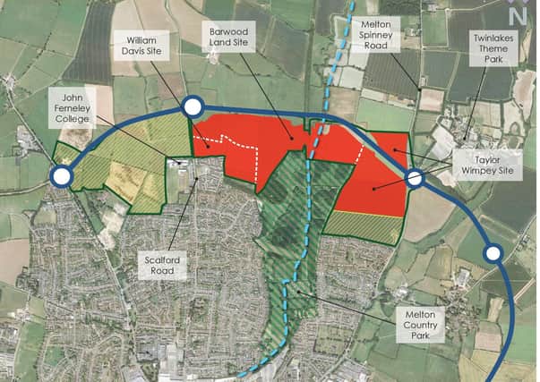 GREEN LINE - Melton North Sustainable Neighbourhood Allocation;
RED HATCHED AREA: Site boundary for developers;
YELLOW HATCHED AREAS: Sites with planning permission;
DARK BLUE LINE: MMDR route;
LIGHT BLUE DOTTED LINE: Jubilee Way footpath EMN-210903-133922001