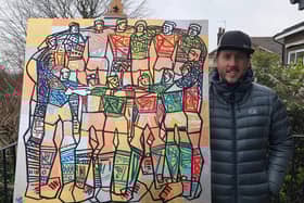 Ben Mosley's painting of Mike Tindall's all-time top Six Nations rugby XI which is being auctioned for the Matt Hampson Foundation EMN-210322-114715001