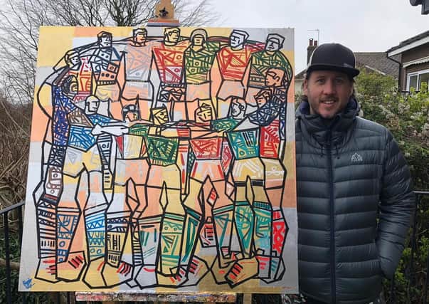 Ben Mosley's painting of Mike Tindall's all-time top Six Nations rugby XI which is being auctioned for the Matt Hampson Foundation EMN-210322-114715001