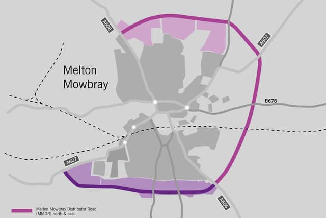 The route of the approved Melton Mowbray Distributor Road (MMDR), connecting north, east and south, and how it would join with the planned southern link section EMN-210323-160711001