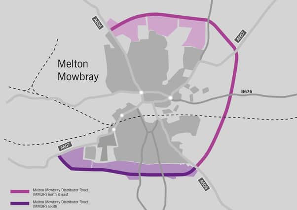 The route of the approved Melton Mowbray Distributor Road (MMDR), connecting north, east and south, and how it would join with the planned southern link section EMN-210323-160711001