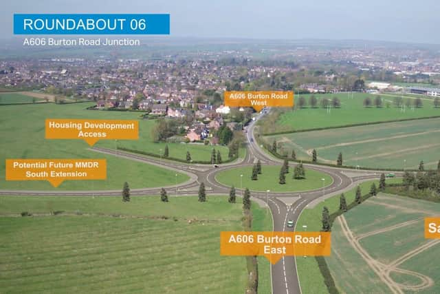 A computer-generated drone flight over the proposed Melton Mowbray Distributor Road (MMDR) showing where the road would end, at a new junction with the A606 Burton Road, and where a proposed south link would connect with it EMN-210323-160816001