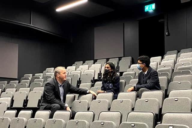 Wreake Valley Academy head teacher Tim Marston with students in the refurbished school theatre EMN-210324-105627001