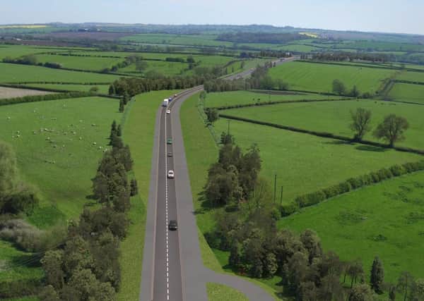 A still showing simulated drone footage of the planned Melton Mowbray Distributor Road (MMDR) EMN-210325-175512001