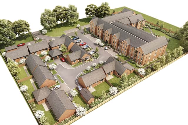 An aerial image showing what the Pine Gardens and Catherine Place retirement homes development, off Scalford Road in Melton, willl look like when it is finished EMN-210331-173632001