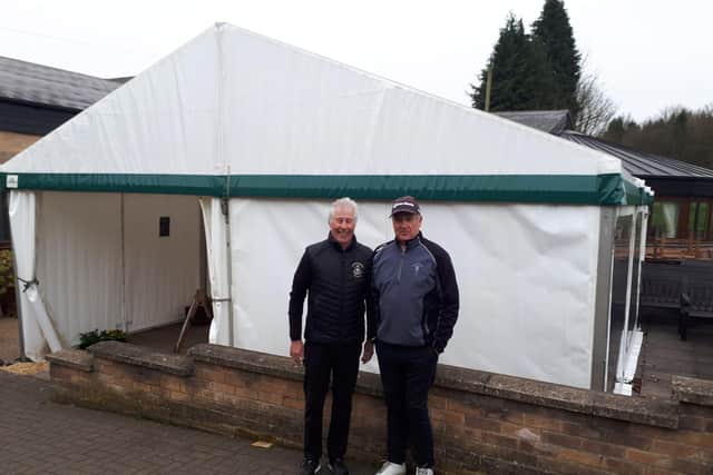 Chairman Adrian Stannard (left) with Steve Cullington with the new temporary marquee.