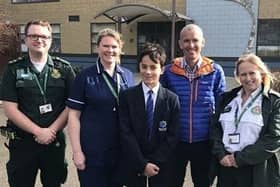 From left to right: paramedic Ed Cannon, nurse Nova Charles, Jack Thompson, doctor Pete Watson, and 999 call handler Theresa Etheridge EMN-200313-093707001