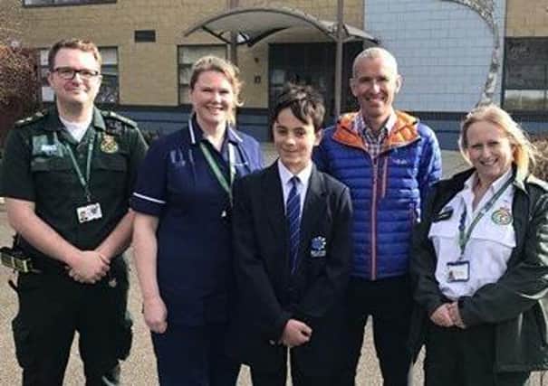 From left to right: paramedic Ed Cannon, nurse Nova Charles, Jack Thompson, doctor Pete Watson, and 999 call handler Theresa Etheridge EMN-200313-093707001