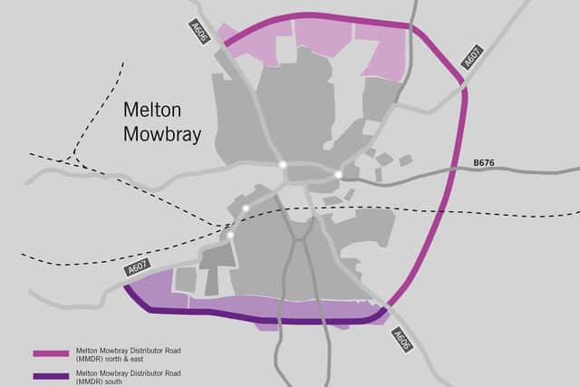 The route of the approved Melton Mowbray Distributor Road (MMDR), connecting north, east and south, and how it would join with the planned southern link section EMN-200324-190822001