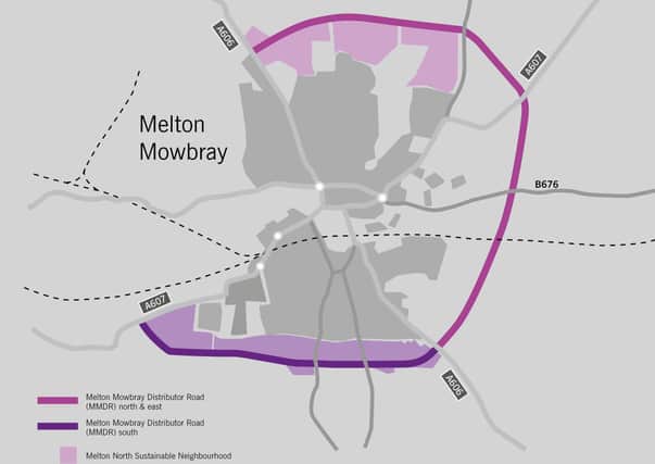 The route of the approved Melton Mowbray Distributor Road (MMDR), connecting north, east and south, and how it would join with the planned southern link section EMN-200324-190822001