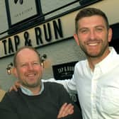 England cricketer Stuart Broad (left) with Notts CCC team-mate Harry Gurney (right) and director Dan Cramp outside their pub - the Tap and Run at Upper Broughton EMN-200331-095803001