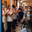 Hylton Murray-Philipson receives a guard of honour from staff at the Leicester Royal Infirmary after recovering from being in intensive care with the Covid-19 virus EMN-200804-093957001