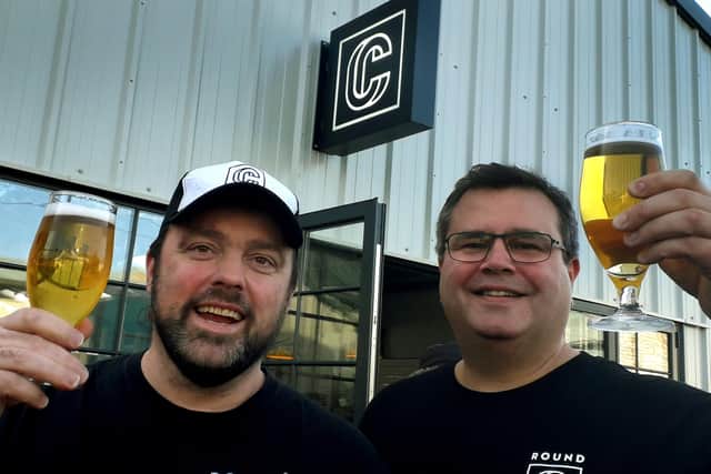 Round Corner Brewing CEO and co-founder Combie Cryan (left) with head brewer Colin Paige, pictured at the business's launch in 2018 EMN-200405-101639001