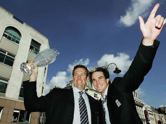 Marcus Trescothick (left) and Kevin Pietersen celebrate 2005's Ashes success. Photo: GettyImages