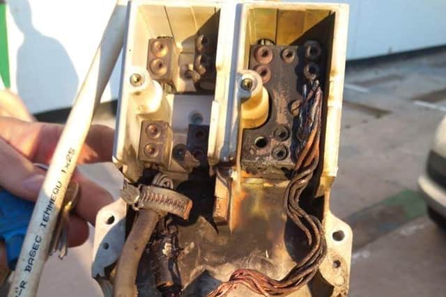 The burnt electrics at the property where a cannabis farm was discovered by police in Melton EMN-201105-100314001