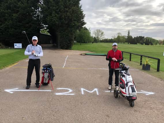 Richard Faubert (left) and Shaun James were the first to be back in action at Melton Mowbray Golf Club as action returned. Adding some nice symmetry, Richard was the last player off the course before shut down.