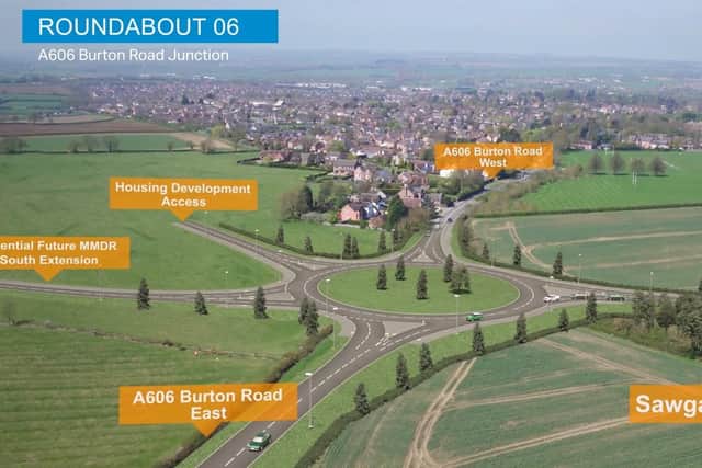 A computer-generated drone flight over the proposed Melton Mowbray Distributor Road (MMDR) showing where the road would connect with a possible southern link at a new junction on Burton Road EMN-200515-101704001