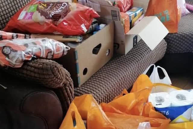 Some of the donated food and supplies delivered by Sharon Brown and her volunteers EMN-200518-184751001