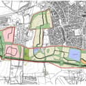 The preferred masterplan for Melton's Southern Neighbourhood area up to 2036, showing the proposed schools in light blue and housing lin light green - the planned southern link to the MMDR is shown bordering the site area to the south. This is a rough guide at this stage in terms of exact location of developments. EMN-200613-180144001
