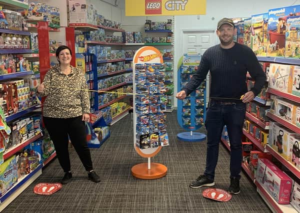 Staff at Melton Toymaster, which has reopened today with social distancing measures in place for customers EMN-200615-095309001