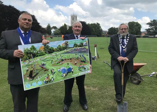 Members of Melton Mowbray Town Estate, from left, junior townwarden, Tim Webster, chair of feoffees, John Southerington and senior townwarden, Ian Wilkinson, pictured today at the start of work on the new destination play park in the town EMN-200615-182107001