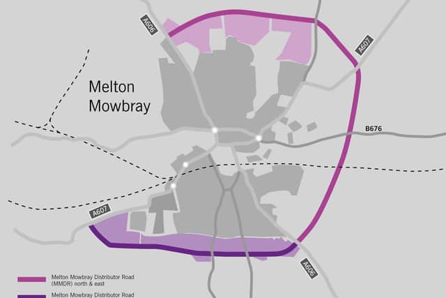 The route of the approved Melton Mowbray Distributor Road (MMDR), to the north and east, and how it would join with the planned southern link section EMN-200618-180953001