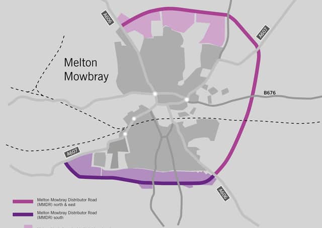 The route of the approved Melton Mowbray Distributor Road (MMDR), to the north and east, and how it would join with the planned southern link section EMN-200618-180953001