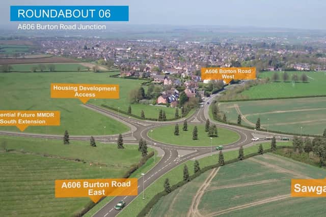 A computer-generated drone flight over the approved Melton Mowbray Distributor Road (MMDR) showing where the road would end, at a new junction with the A606 Burton Road and connect with a proposed southern link EMN-200618-180921001