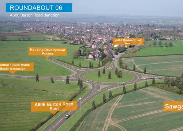 A computer-generated drone flight over the approved Melton Mowbray Distributor Road (MMDR) showing where the road would end, at a new junction with the A606 Burton Road and connect with a proposed southern link EMN-200618-180921001