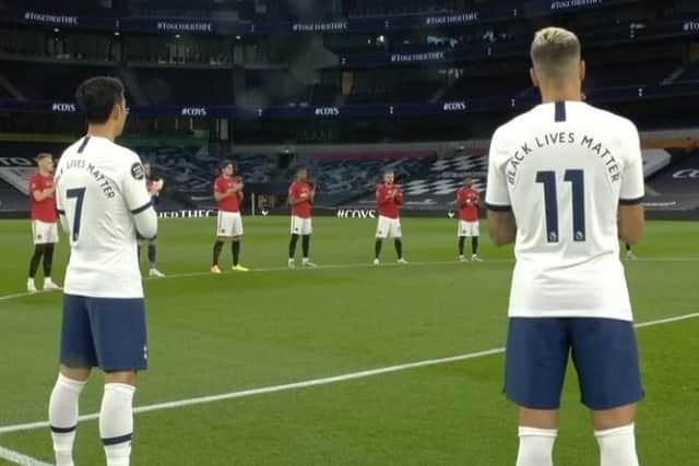 Spurs players pictured on Match of The Day this week with the phrase 'Black Lives Matter' on the back of their shirts as part of a campaign to fight racism EMN-200624-113403001