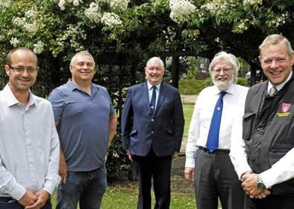 Andrew Cooper (right), who has retired as Melton town bailiff with, from left, his successor in the role, William Boulding), Tim Webster (junior townwarden), John Southerington (chair of feoffess) and Ian Wilkinson (senior townwarden)
PHOTO DEREK WHITEHOUSE EMN-200107-084040001