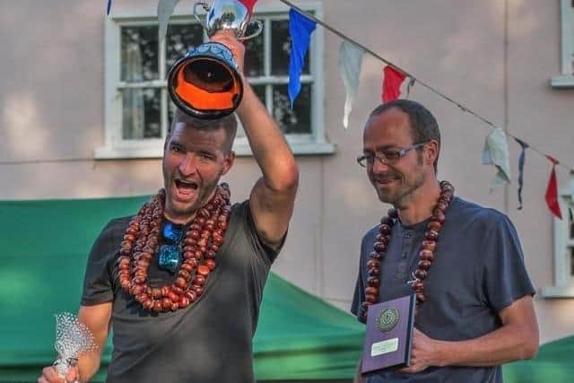 Adult champion Mike Bryan and runner-up Billy Boulding pictured after the presentations for Saturday's Long Clawson Conker Championship EMN-211110-160949001