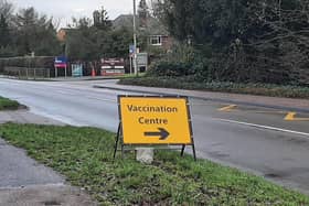The sign on Burton Road indicating the turning for the Melton Vaccination Centre EMN-211210-161317001
