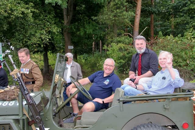 Roy Henderson, Will Stark and Niall Cherry in the Willys Jeep at the Saltby Airfield the reunion service marking the 80th anniversary of the formation of 151/156 Battalion at St Mary's, Melton EMN-211013-091727001