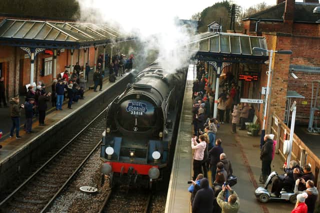 Flashback to 2019 with The Nigel Dobbing memorial steam train arriving at Melton Railway station
PHOTO TIM WILLIAMS EMN-211014-125824001