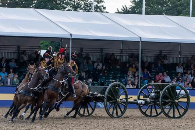 The Kings Troop Royal Horse Artillery perform their famous Musical Drive at an event - horses and soldiers have been taking a break in Melton from ceremonial duties EMN-211014-162431001